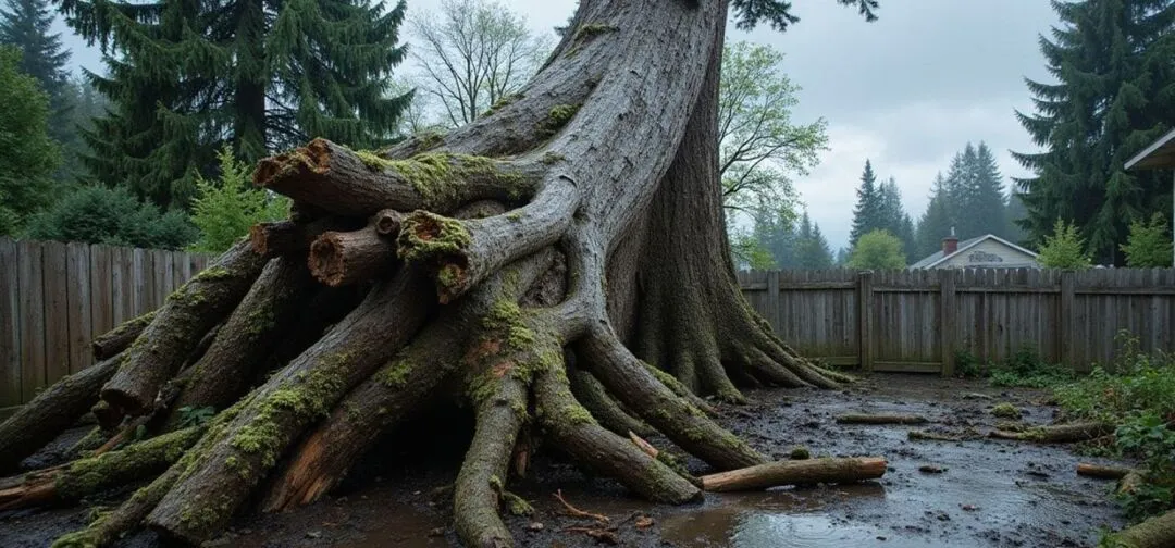 Large uprooted tree with exposed roots in a muddy backyard after heavy rain, showing soil saturation and storm-related tree failure.